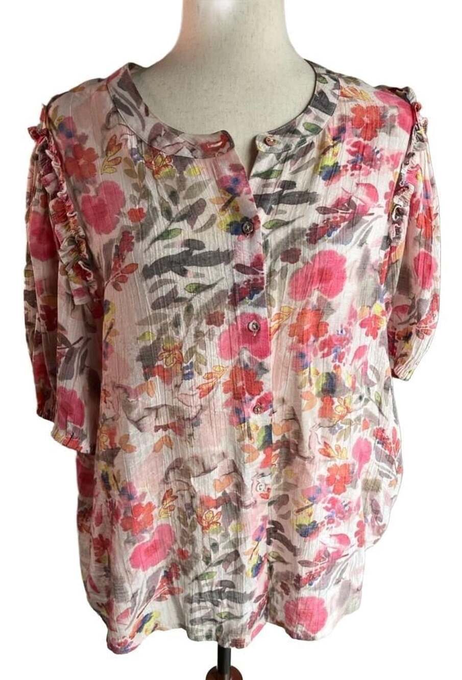UMGEE Floral Button Down Top Pink Watercolor Ruffle Sleeve